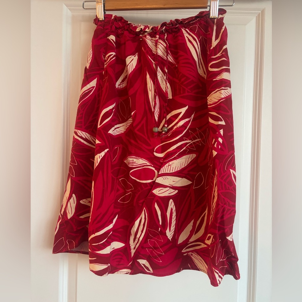 Red and Cream Leaf Print Linen Blend Drawstring Waist Skirt